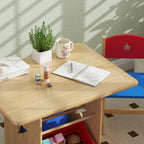 Children's Table and Chair Set 3-7 Years with 2 Chairs and Table with 4 Containers, in Wood and PP, Wood Color