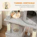 Cat Tree with 2 Houses, Hammock, Tunnel, and Bed, Sisal Poles, 60x40x170 cm, Grey