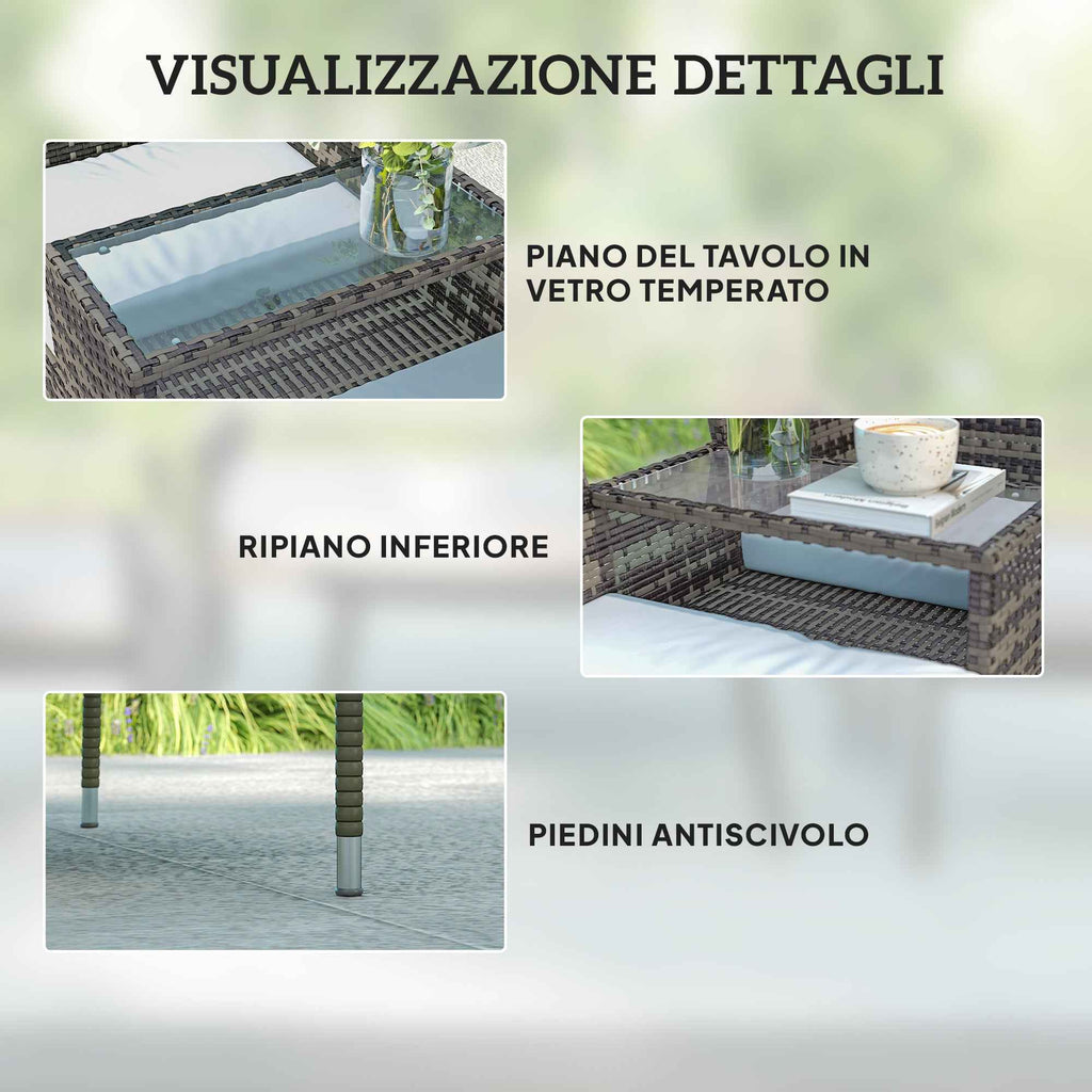 Outsunny 2-Seater Outdoor Bench with Coffee Table, Steel and PE Rattan, 137x59x82 cm, Grey