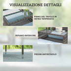 Outsunny 2-Seater Outdoor Bench with Coffee Table, Steel and PE Rattan, 137x59x82 cm, Grey