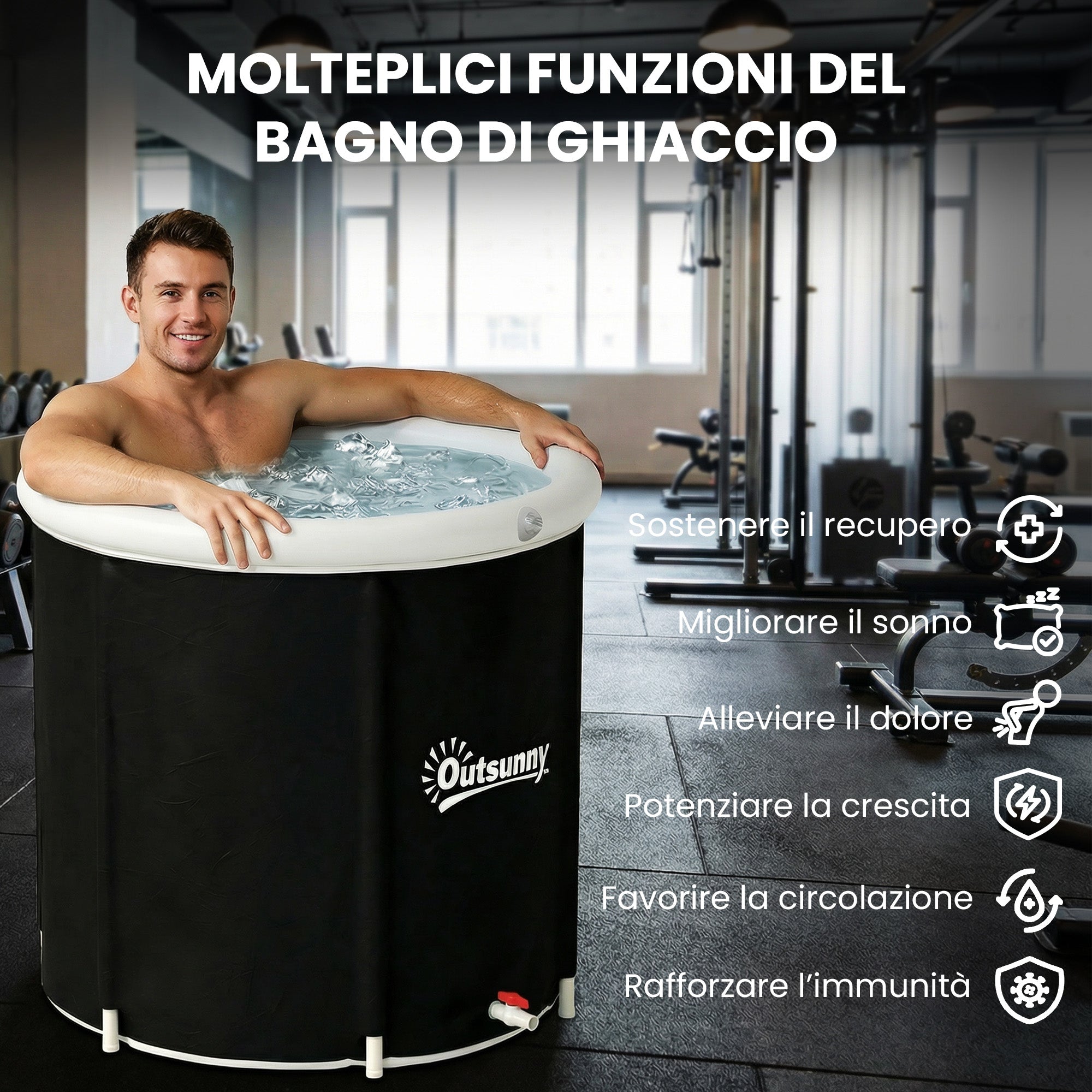 Outsunny 280L Ice Tub for Athletes with Cover and Pump, Ø78x71 cm, Black