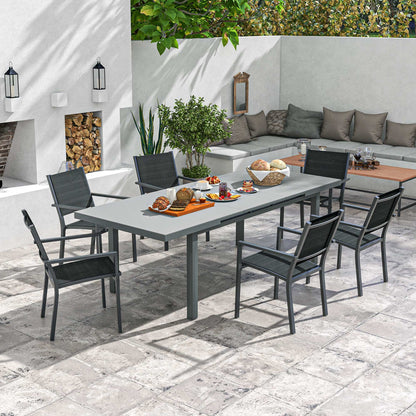 Outsunny garden set 7 aluminum pieces with 6 folding chairs and extendable table, gray and black