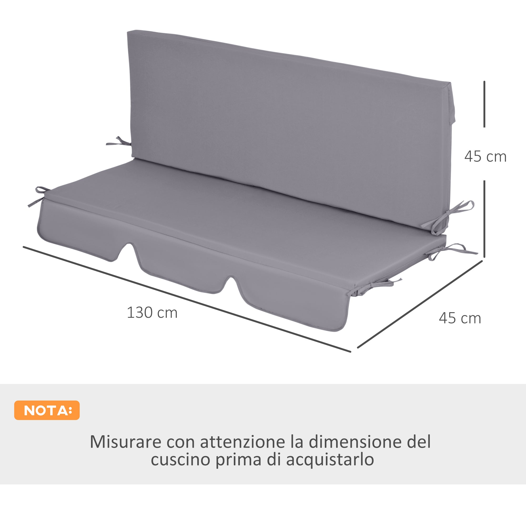 Outdoor Cushions for 3-Seater Garden Swings with Laces, 2 Pieces of 130x45x5 cm, Grey
