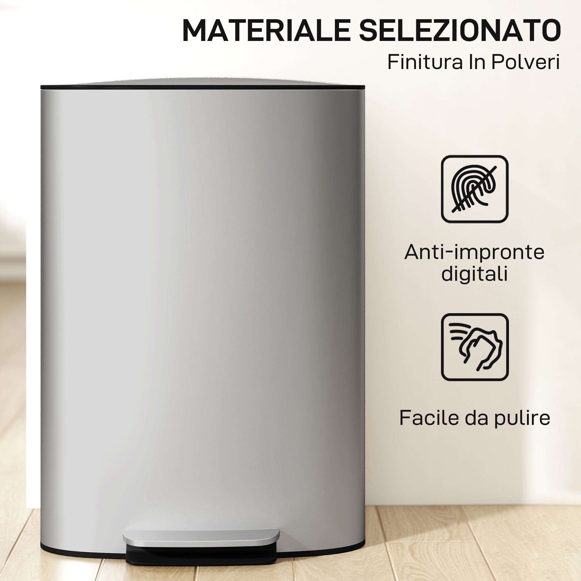 50L Pedal Bin with Soft-Close Lid, 90° Opening and Removable Bucket, Stainless Steel, Grey