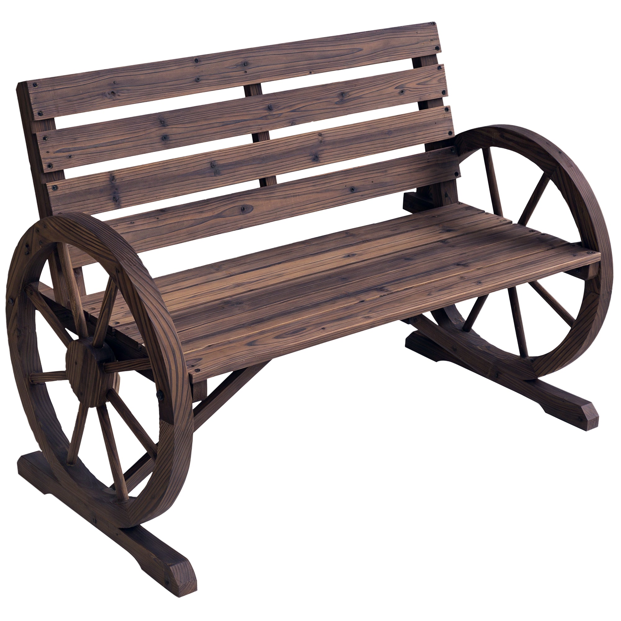 2-Seater Outdoor Bench, Country Style Garden Bench with Wooden Wheel Armrests, 105.5x59x75cm Brown