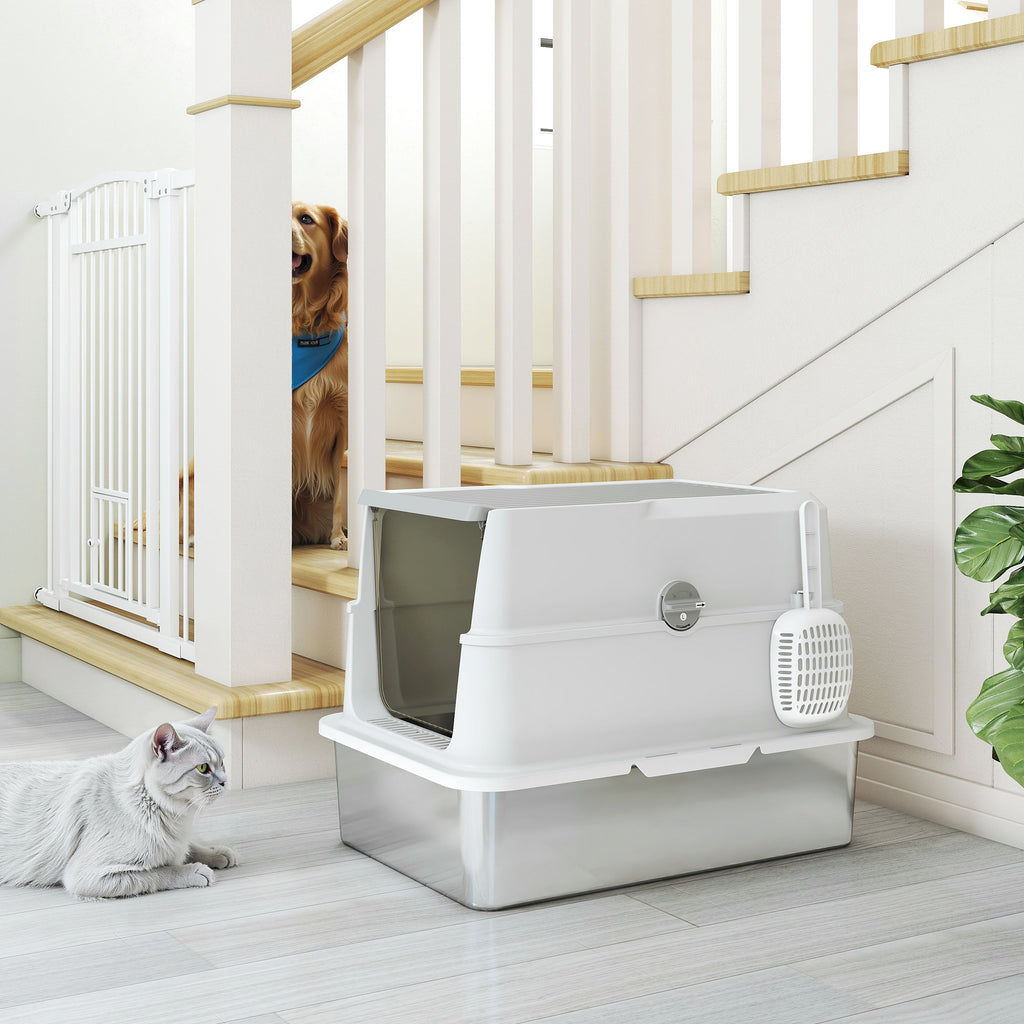 PawHut Stainless Steel Litter Box for Large Cats with Flip Lid, Scoop and Deodorizer, Light Grey