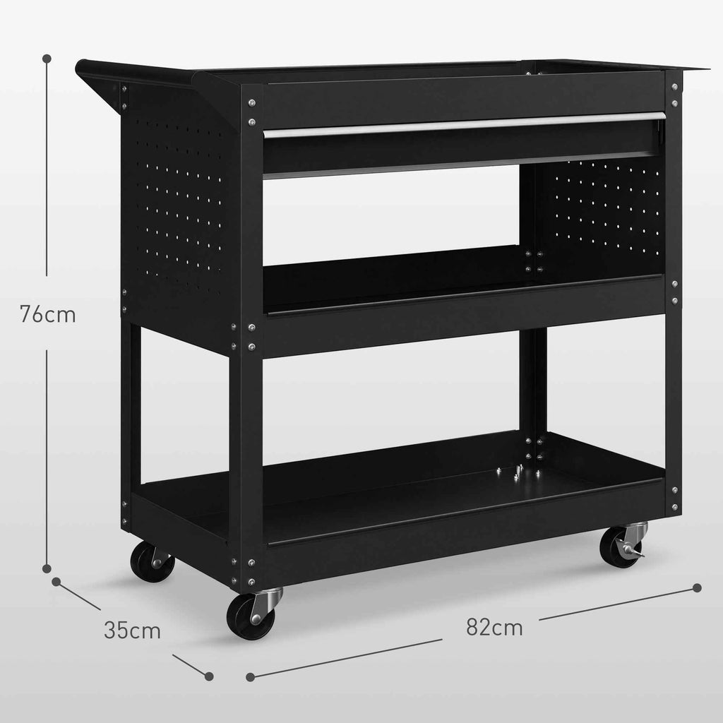 DURHAND 3-Tier Steel Trolley with Drawer, Side Tool Holder and Handle, Black