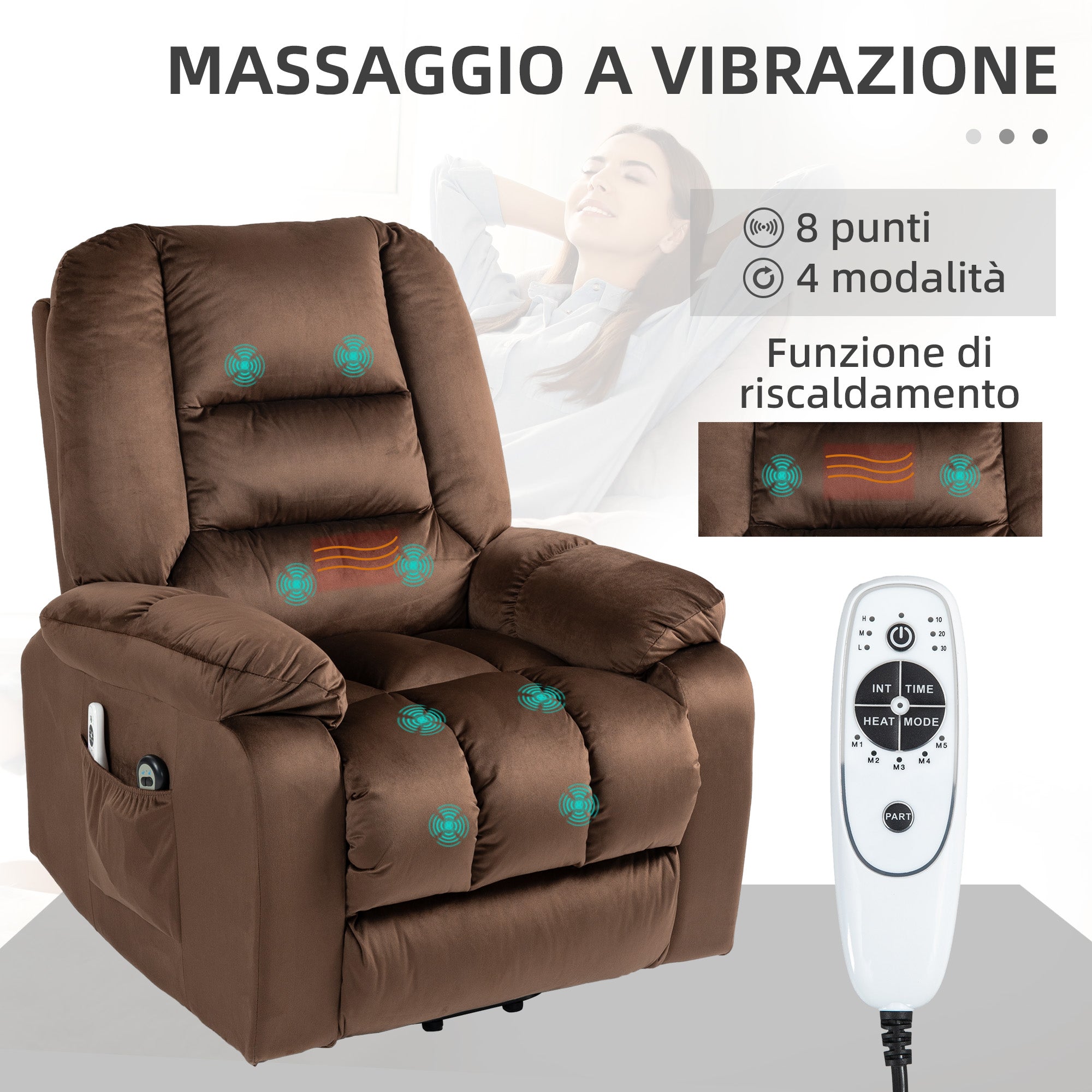 HOMCOM Relaxing Lift Chair, Reclining, Massaging and Heated in Velvet, Brown - Borgè