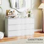 Chest of 6 Drawers for the Bedroom in Wood with Metal Guides, 120x39x75 cm, White