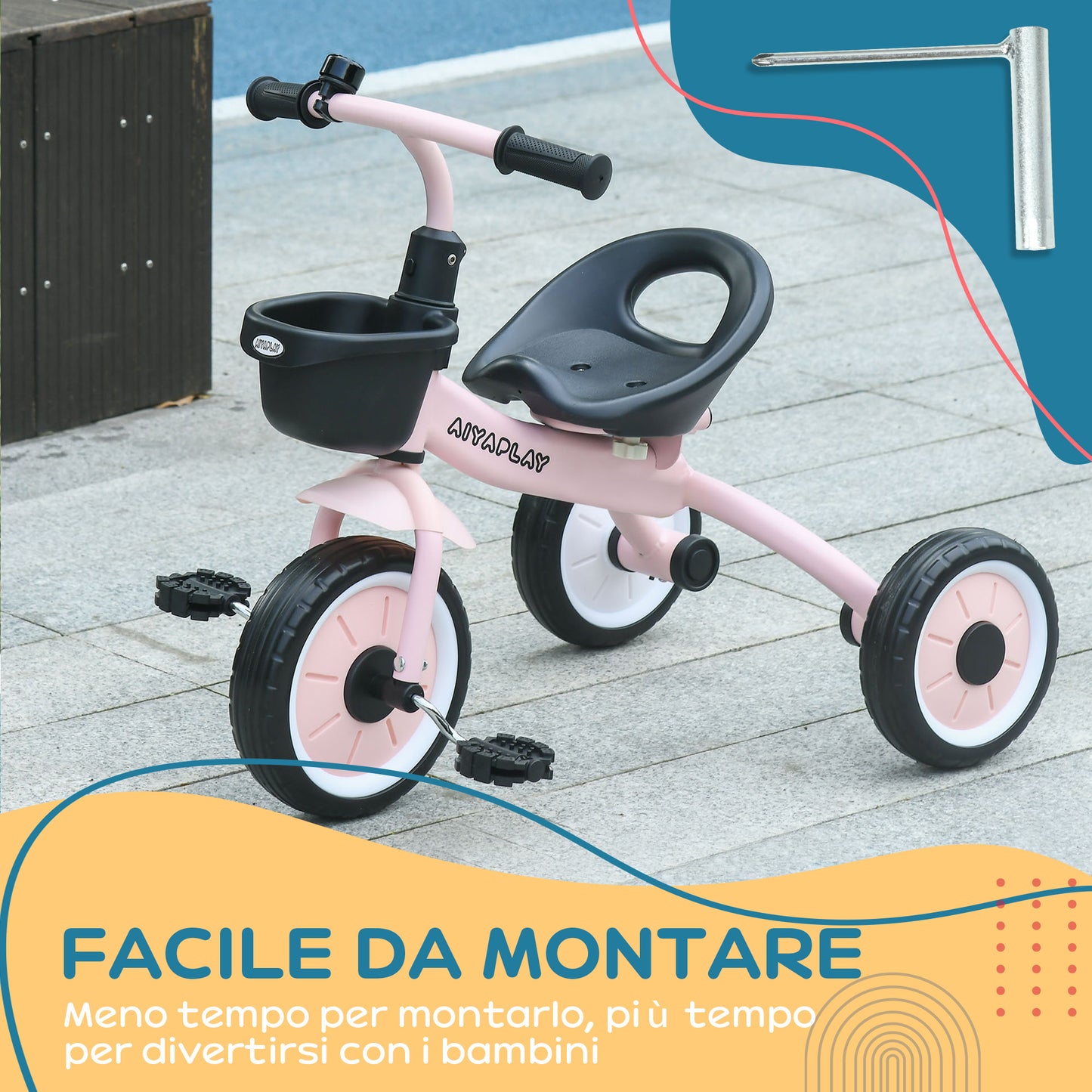 Children's Tricycle for 2-5 Years with Adjustable Seat and Bell, 70.5x50x58cm, Pink