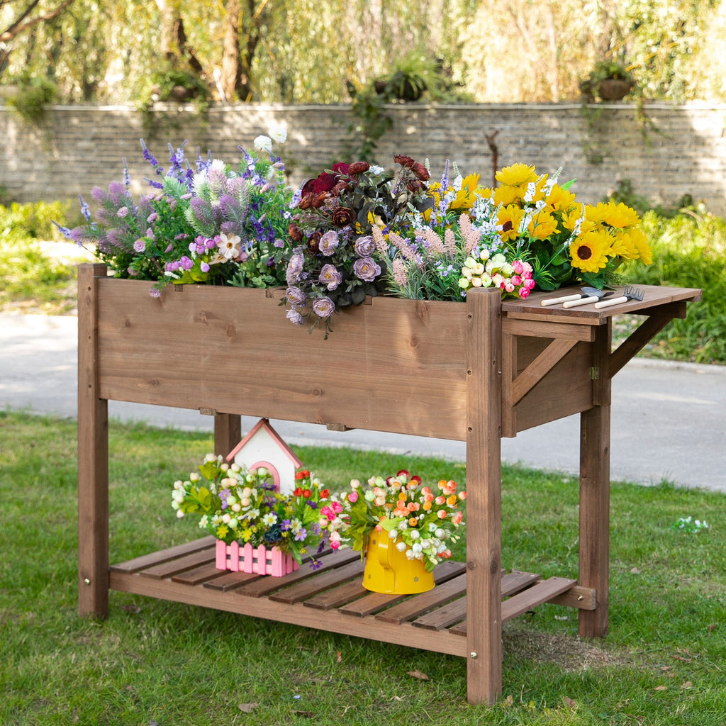 Outsunny bed for raised wooden vegetable garden with folding shelf and lower shelf, 123x54x74cm - Borgè