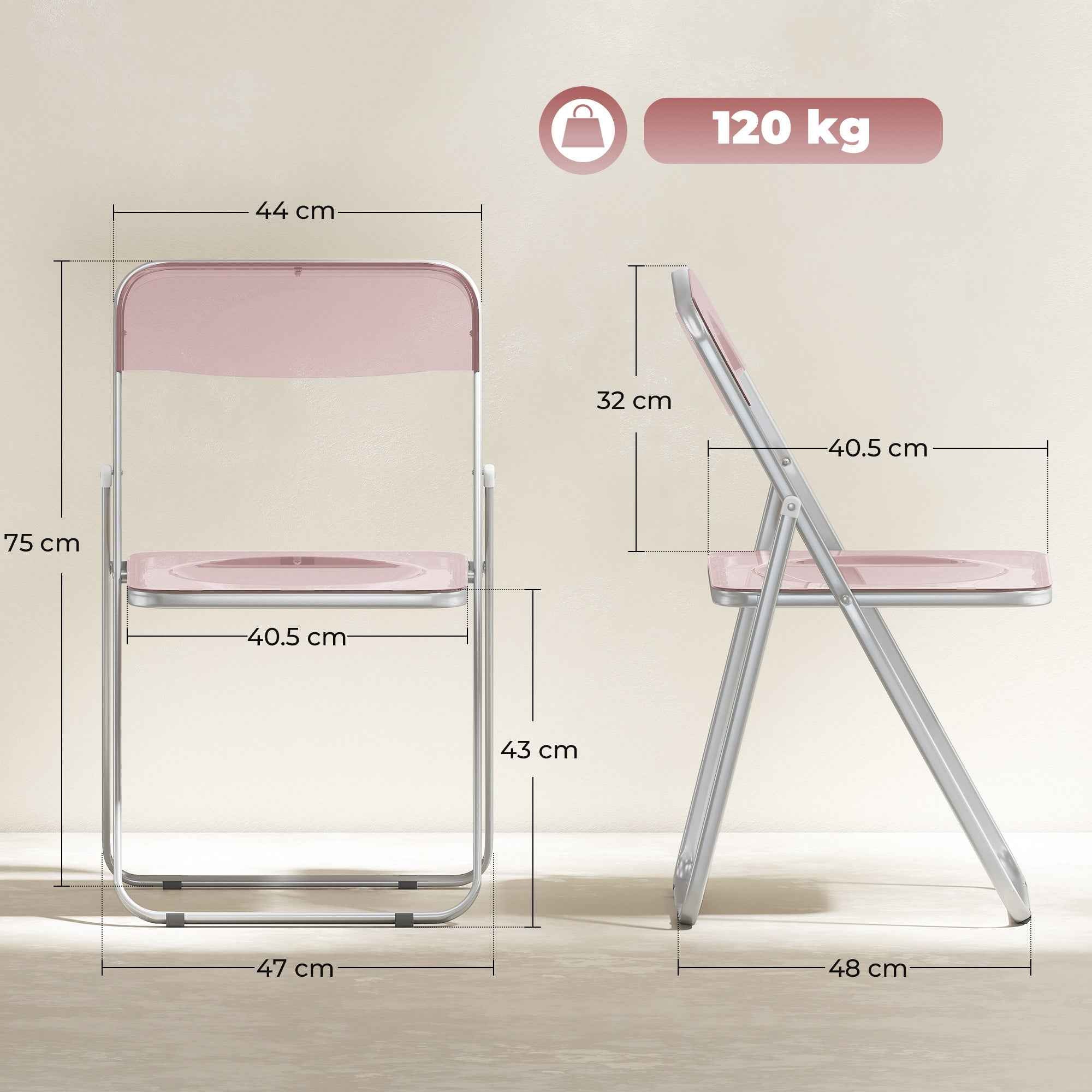 HOMCOM Set of 4 Clear Acrylic Folding Chairs, Pink