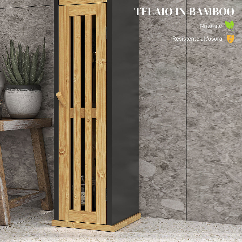 Bathroom Cabinet with Open Shelf and Cabinet, in Bamboo and MDF, 18x18x75 cm, Black and Wood color