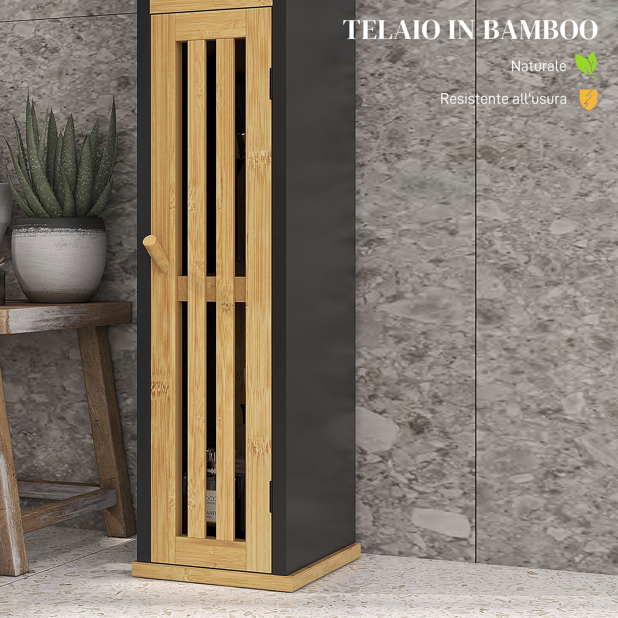 Bathroom Cabinet with Open Shelf and Cabinet, in Bamboo and MDF, 18x18x75 cm, Black and Wood color