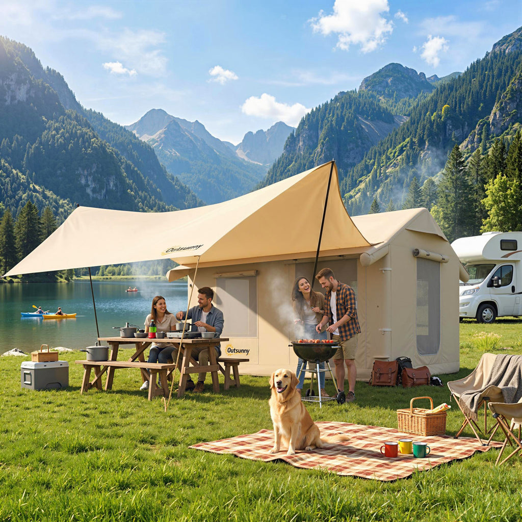 Outsunny Inflatable Camping Tent with Pump, 3000mm Waterproof and Windproof, Khaki