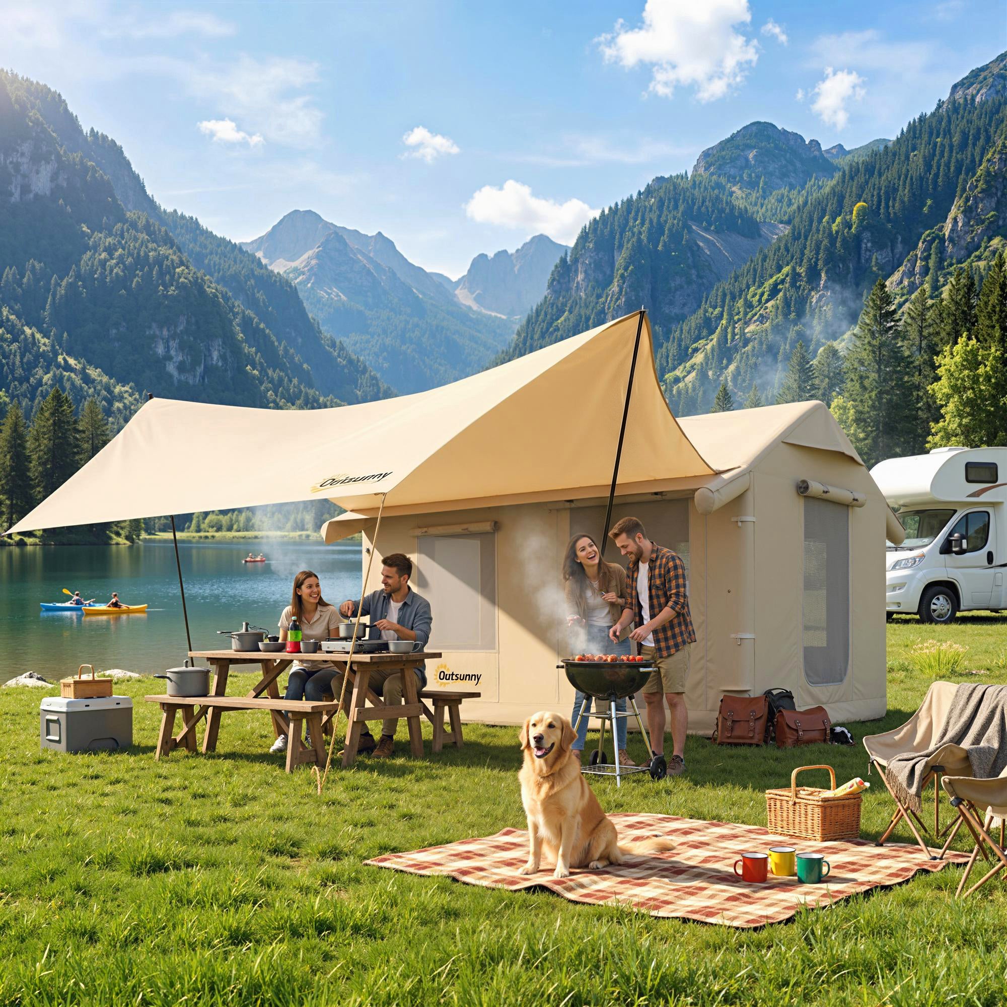 Outsunny Inflatable Camping Tent with Pump, 3000mm Waterproof and Windproof, Khaki