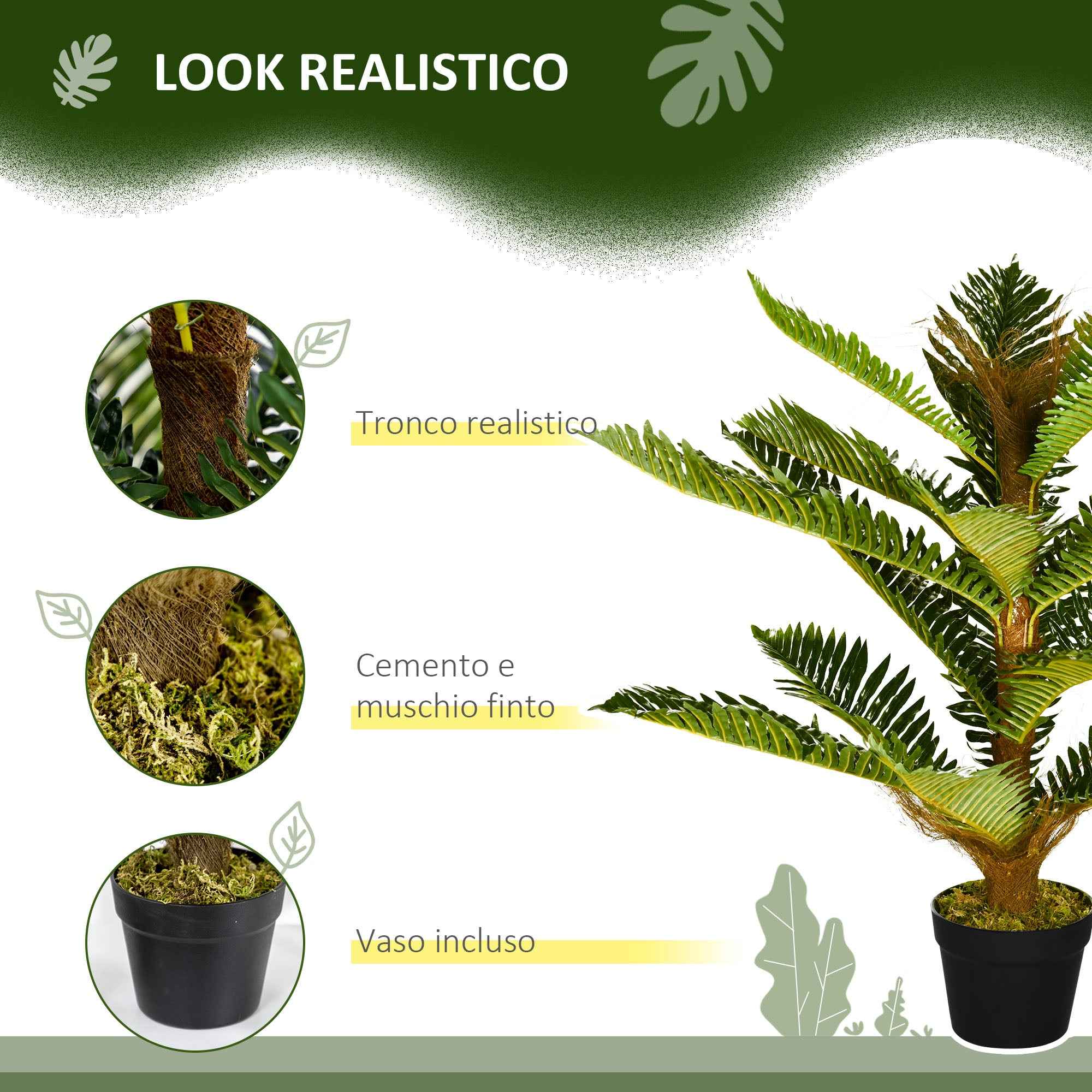 HOMCOM Artificial Palm Tree with 18 Leaves and Pot Included for Indoors, Height 85 cm, Green