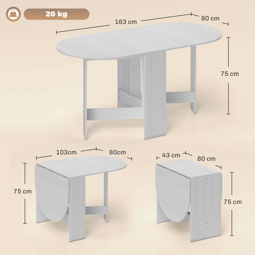 Folding Table for 6 People with 2 Oval Wooden Drop-Leafs, 163x80x75 cm, White