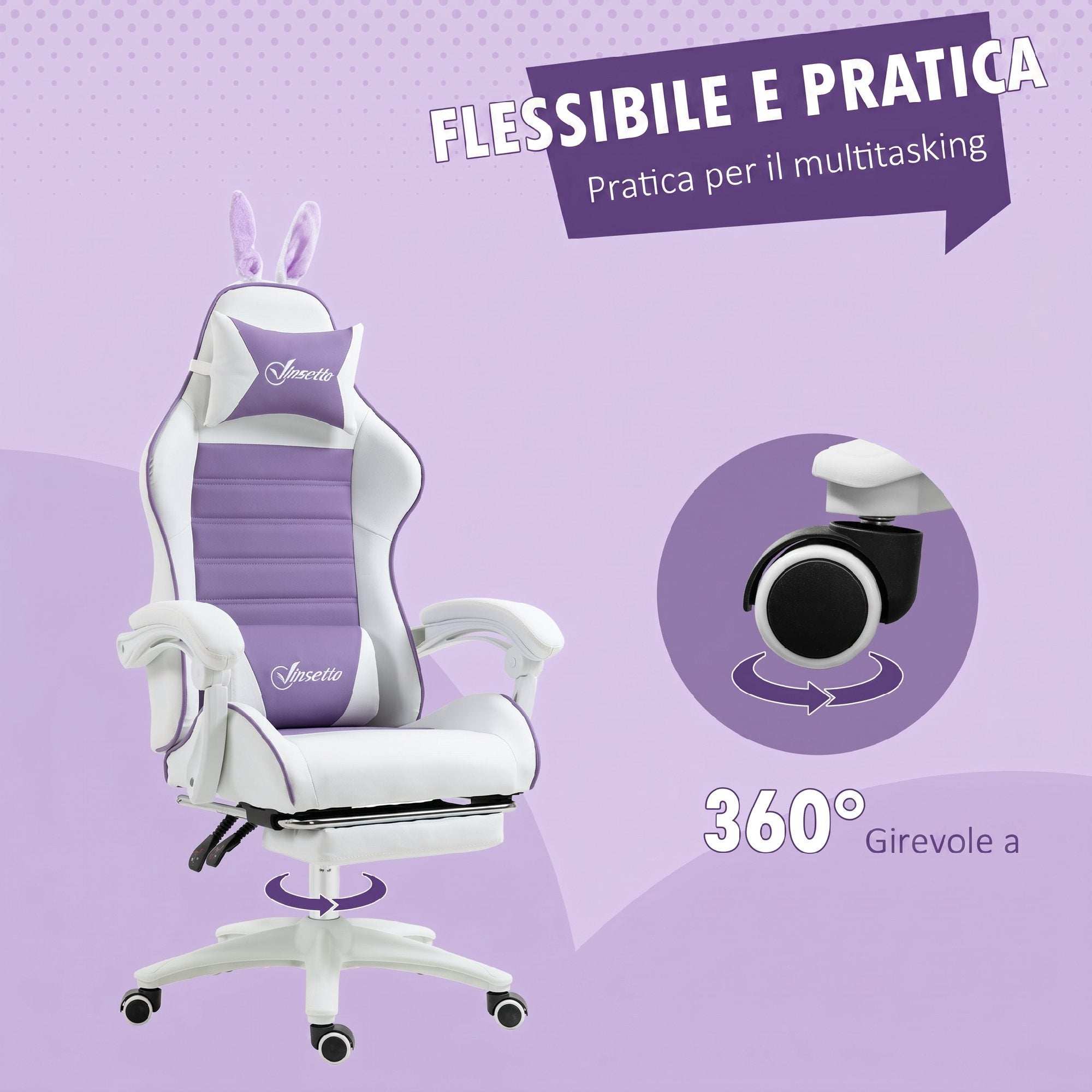 Vinsetto Gaming Chair with Rabbit Ears, Footrest, Cushions, Reclining and Adjustable Height, Purple