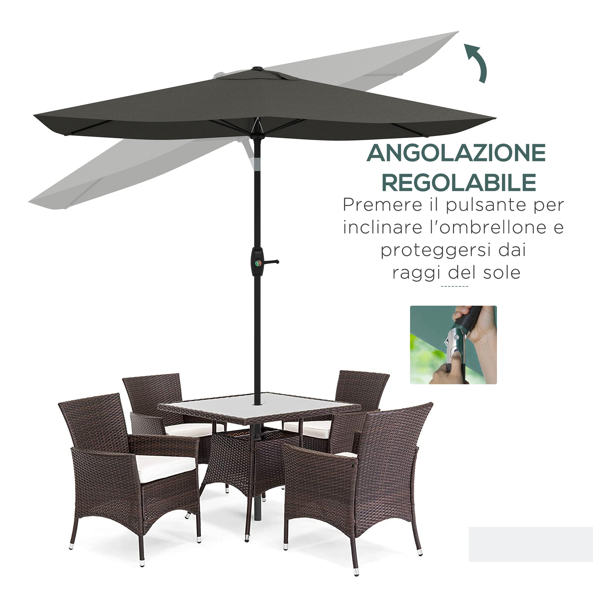 Rectangular Garden Umbrella 2x3 m Tiltable with Crank Opening, Gray - Borgè