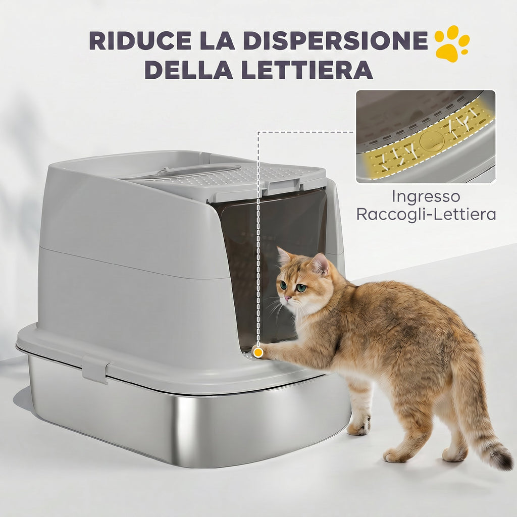 PawHut Stainless Steel Enclosed Cat Litter Box with Flip Lid, Double Door, Scoop, Light Grey