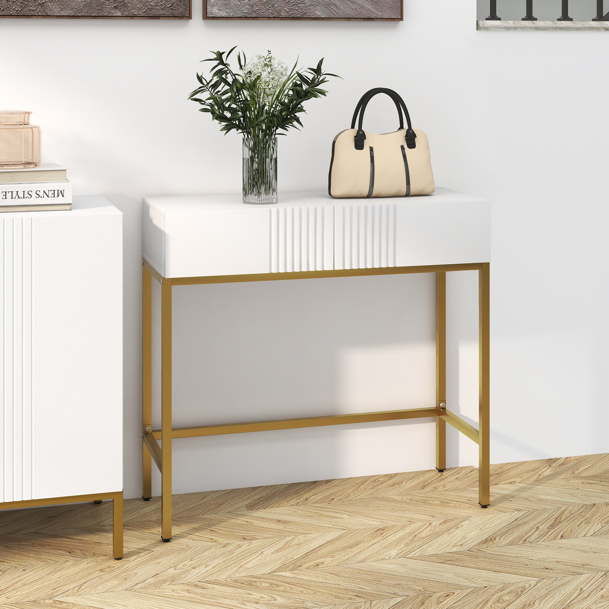 Modern Entryway Console Table with 2 Drawers and Golden Legs, 80x31.5x75cm, White - Borgè