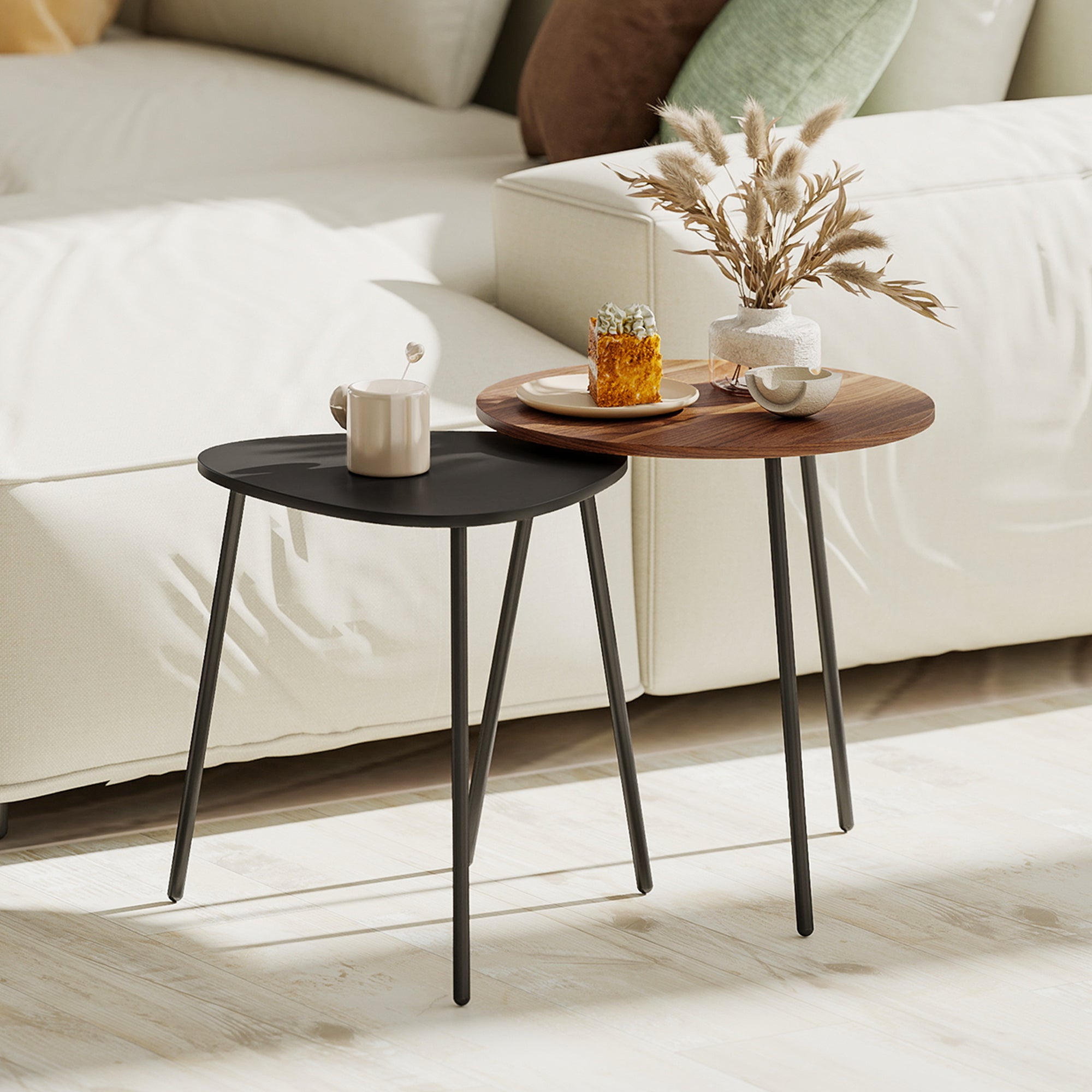Set of 2 Stackable Coffee Tables with Metal Frame for Living Room and Office, Walnut and Black