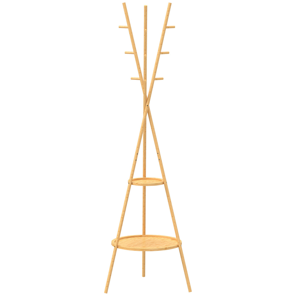 HOMCOM Clothes Tree with 9 Hooks and 2 Shelves, Natural