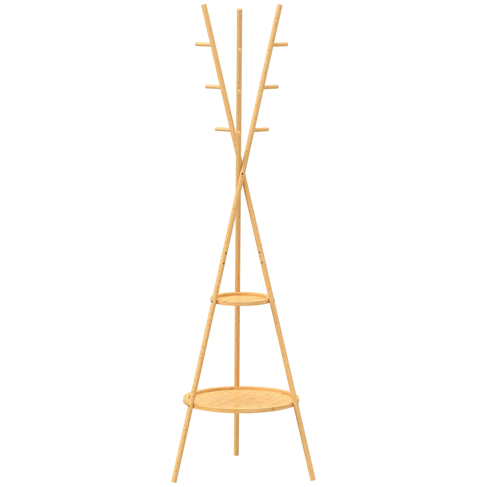 HOMCOM Clothes Tree with 9 Hooks and 2 Shelves, Natural