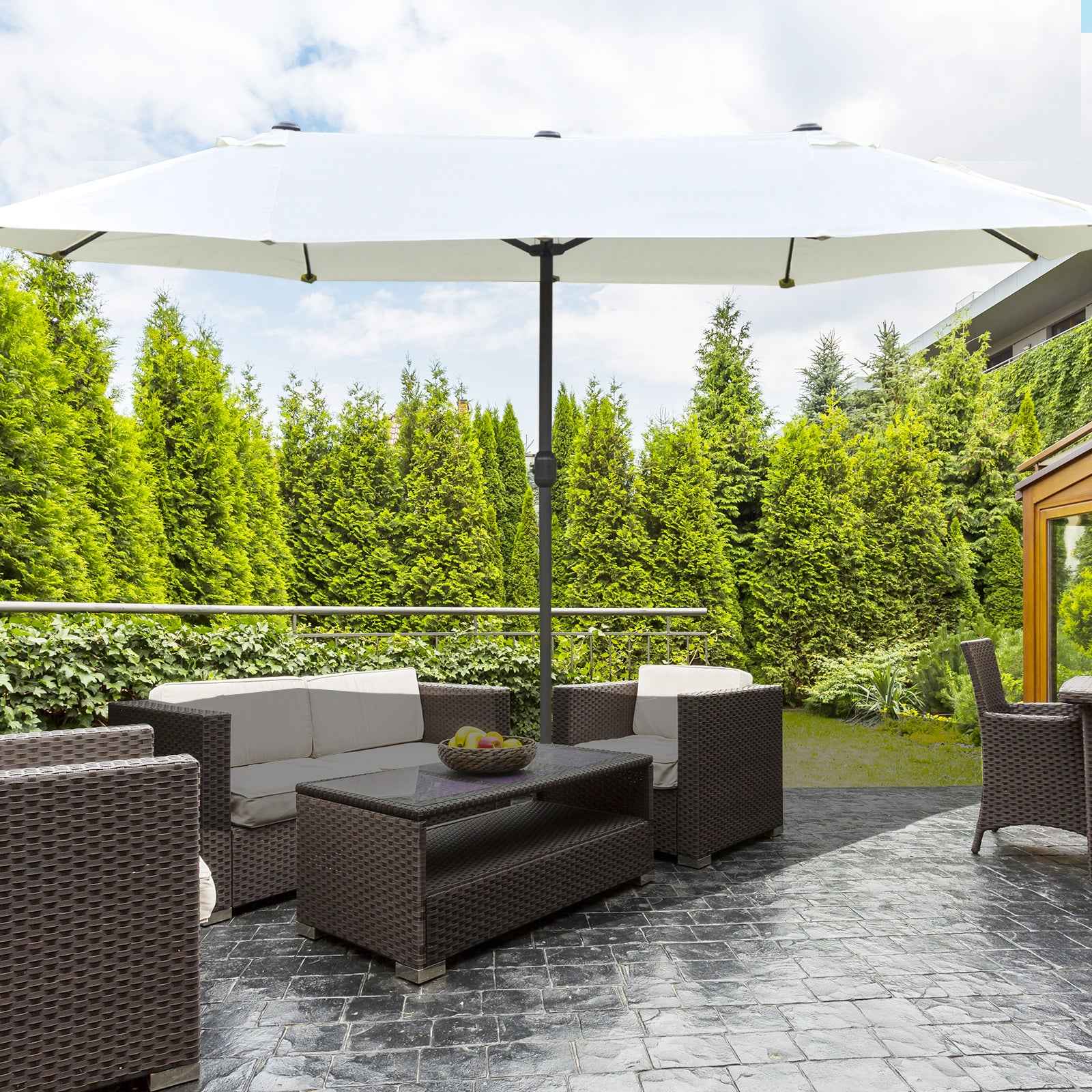 Outsunny Double Umbrella with 12 Ribs, Cross Base and Crank, Steel and Polyester, 455x265x238 cm, Beige