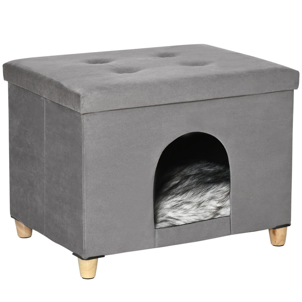Cat House Footstool with Removable and Washable Cushion, Grey