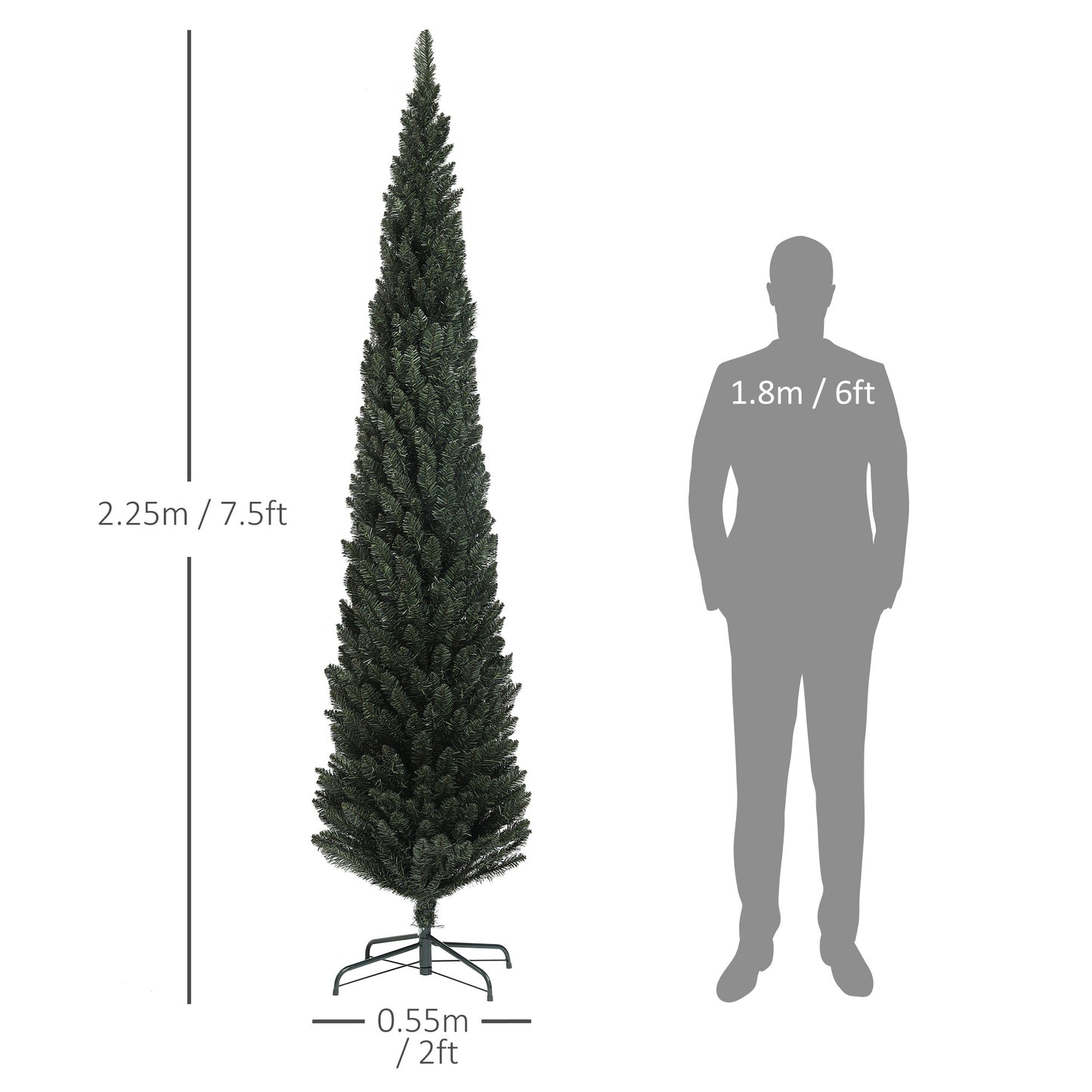 CHRISTMAS TREE - 225cm Tall Slim Christmas Tree Space Saving with 538 Branches with Steel Base for Indoors, Green