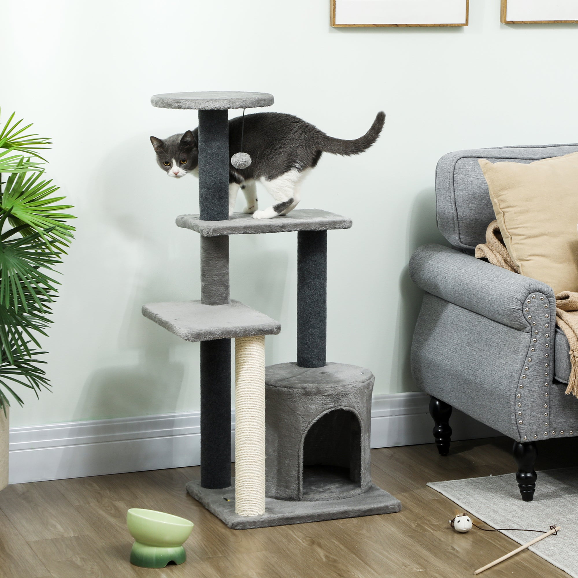 103cm Multi-Level Cat Tree with Sisal Scratching Posts, Playhouse and Plush Ball, Grey