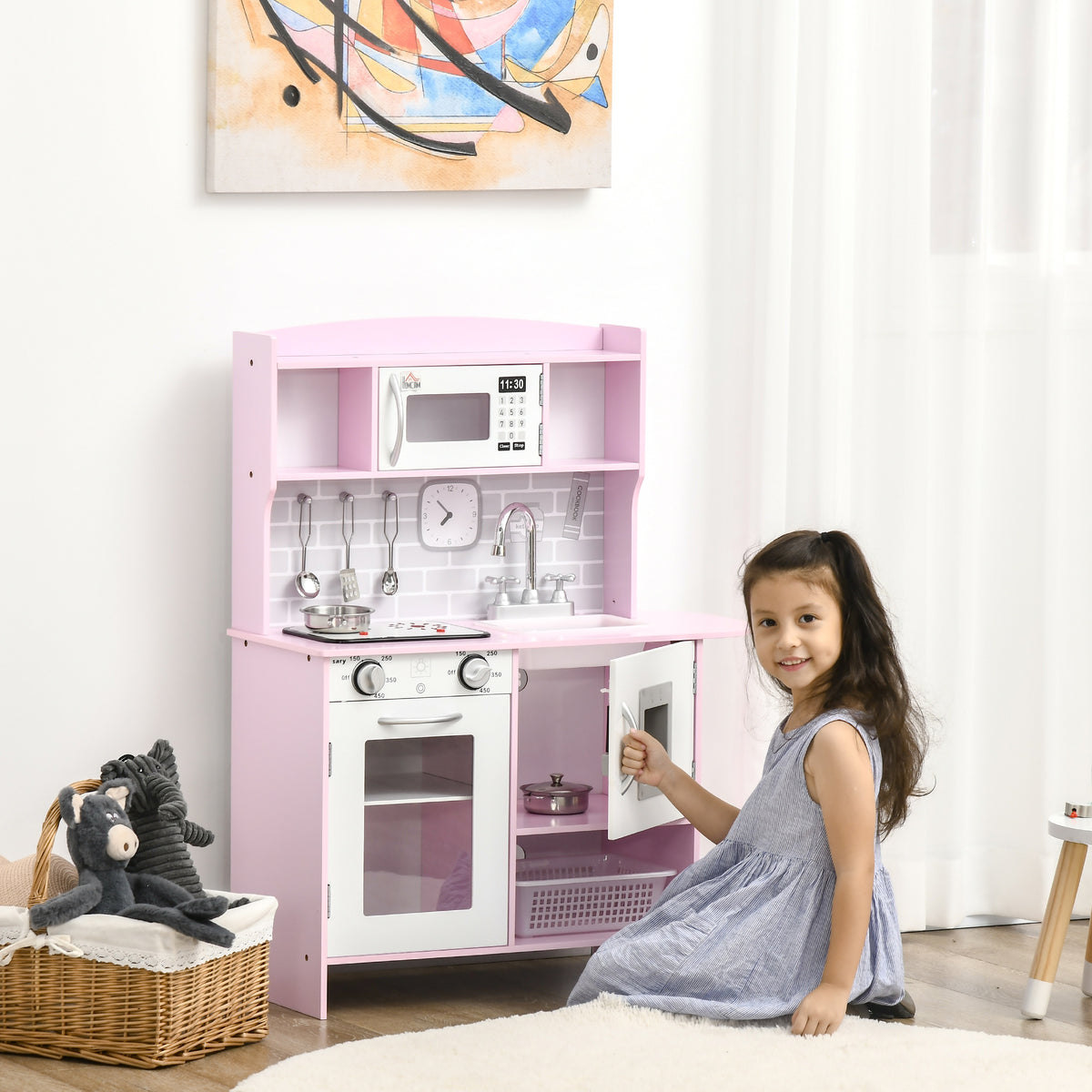HOMCOM Kids' Play Kitchen with Stove, Lights and Sounds, Microwave, Water Dispenser, Ages 3-6, Pink
