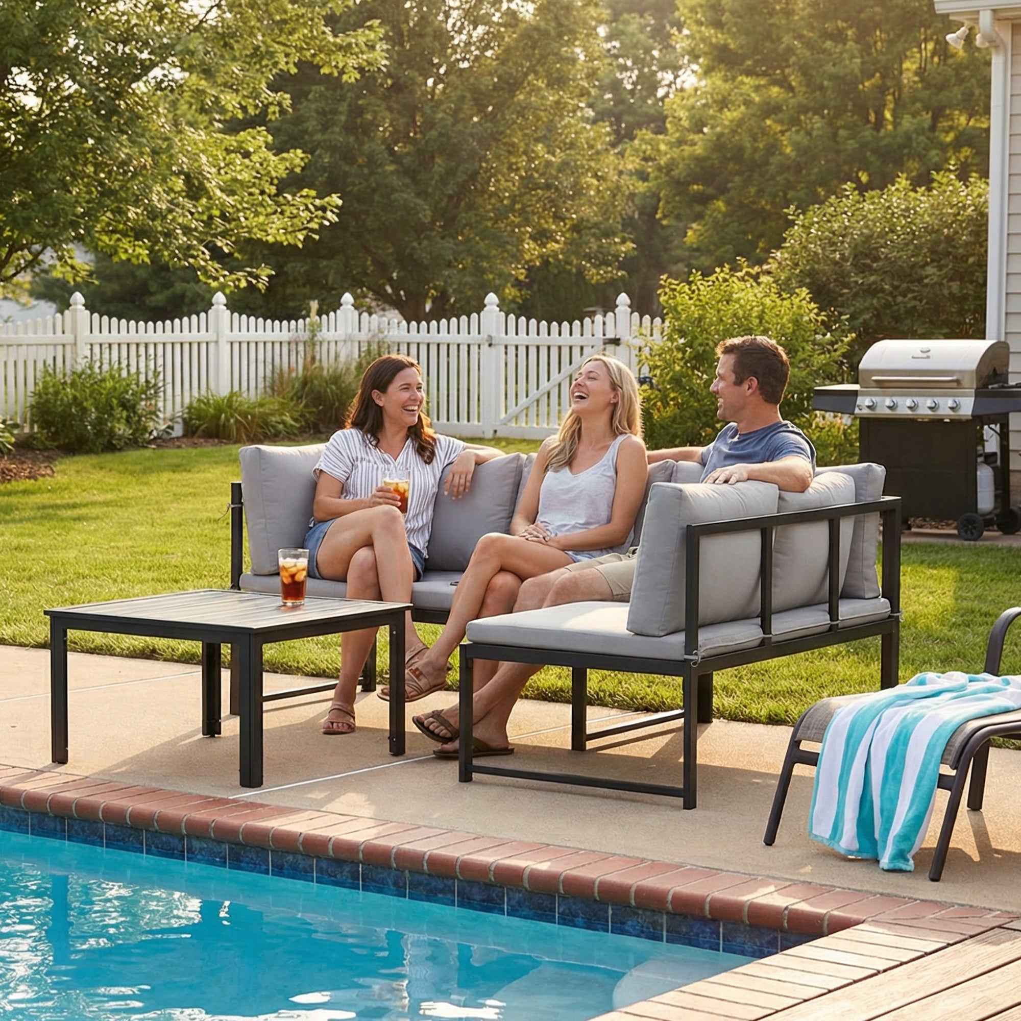 Outsunny 3-Piece Garden Set with 4-Seater Corner Sofa and Slatted Coffee Table, in Metal and Grey Polyester