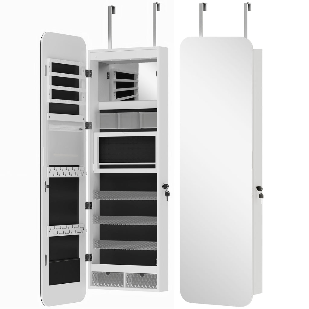 HOMCOM Wall-Mounted and Door-Mounted Jewelry Mirror with Illuminated Interior Mirror and Lock, 37x10x120 cm