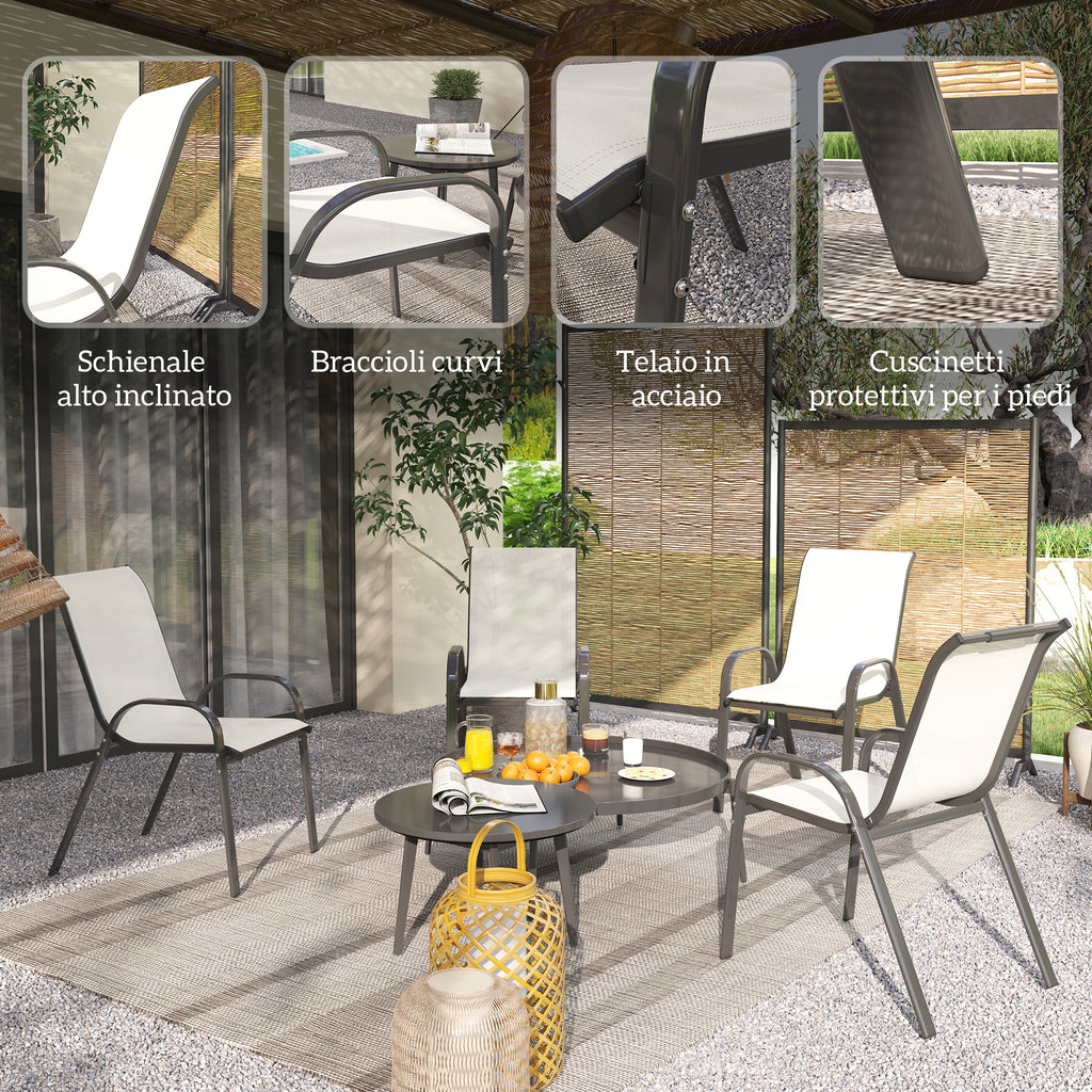 Outsunny Set of 4 Stackable Garden Chairs with Curved Armrests, Steel and Breathable Fabric, 54x71x93 cm, Beige