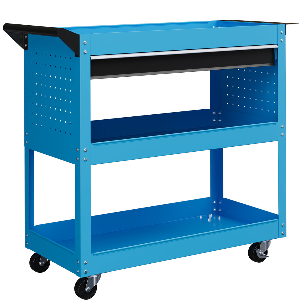 Tool Cart with Side Handle, Drawer and 3 Steel Shelves, 82x35x76 cm, Blue
