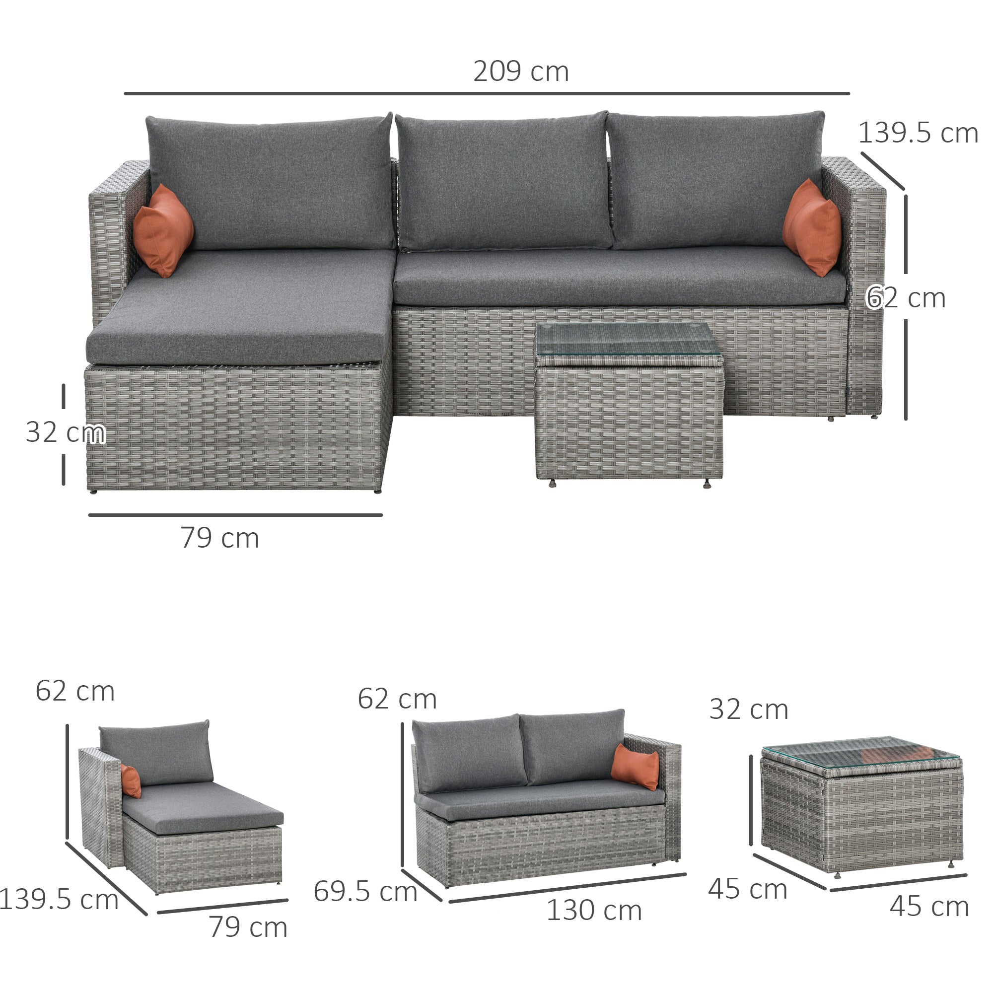 3-Piece PE Rattan Garden Furniture Set with 2 Sofas and Coffee Table, Grey