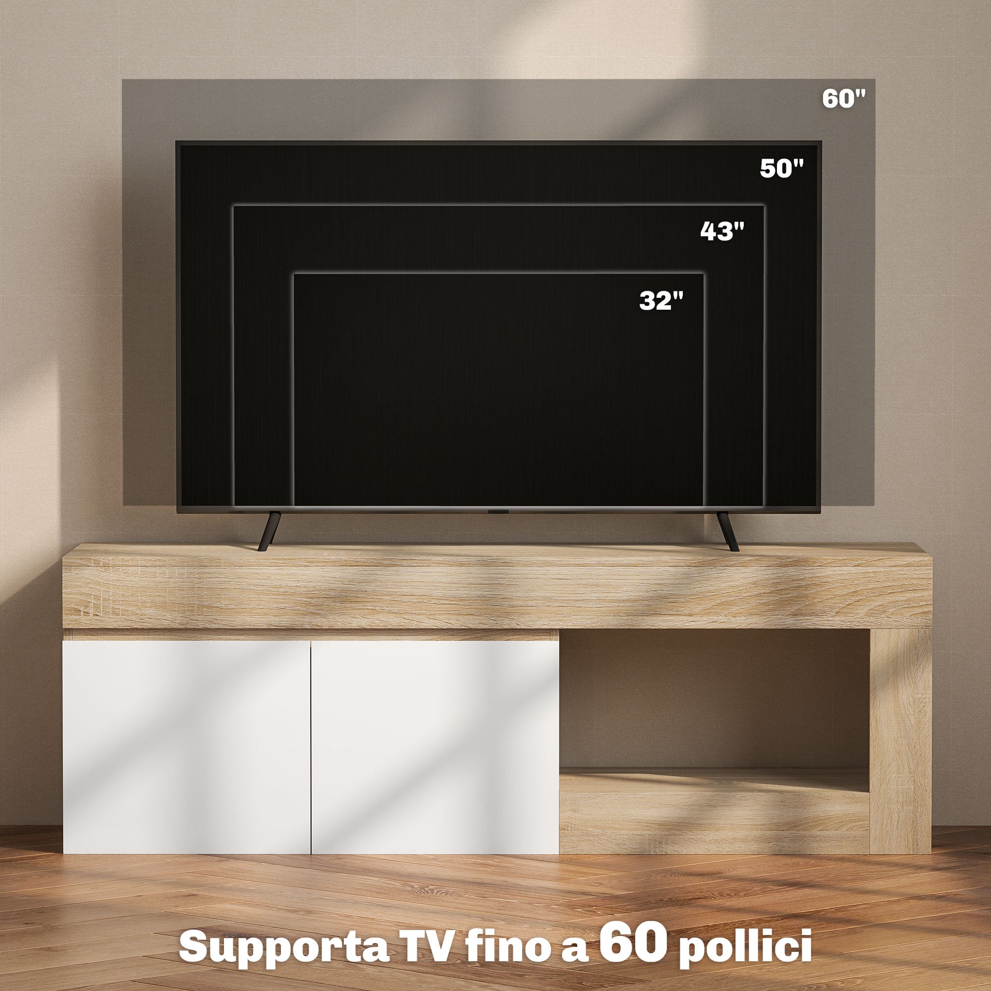 Modern 60" Max TV Stand with 2-Door Cabinet and Open Shelf, 140x40x48 cm, White and Wood Color