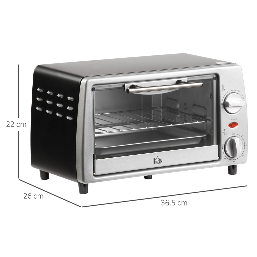 Electric Oven 10L Adjustable Temperature and Timer, Grill and Baking Tray Included, 750W, 36.5x26x22cm, Silver Black - Borgè