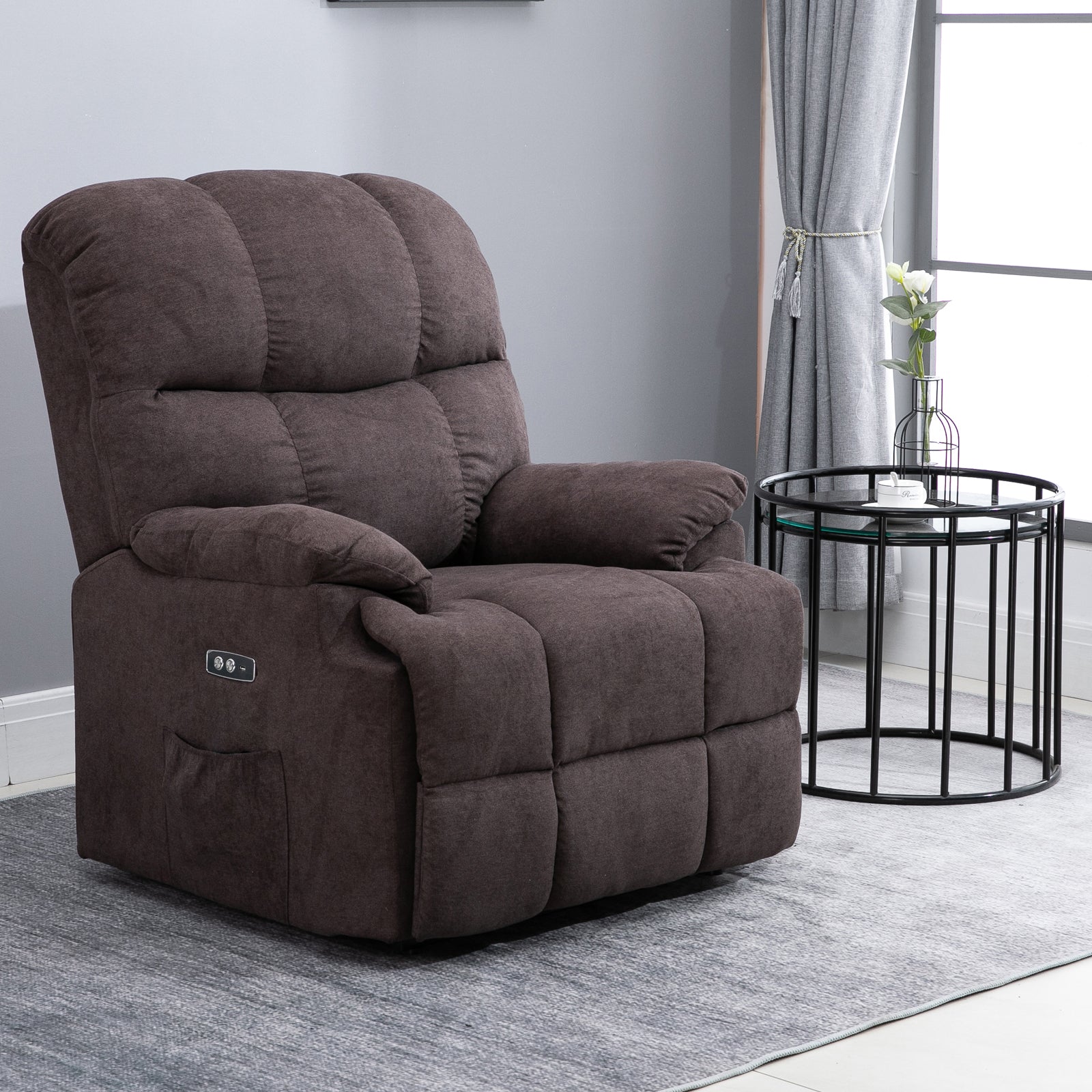 Electric Lift Recliner Chair, 150° Reclining, Electric Relax Chair in Velvet with USB Connector, Motor, Footrest and Side Pockets for the Elderly, Brown