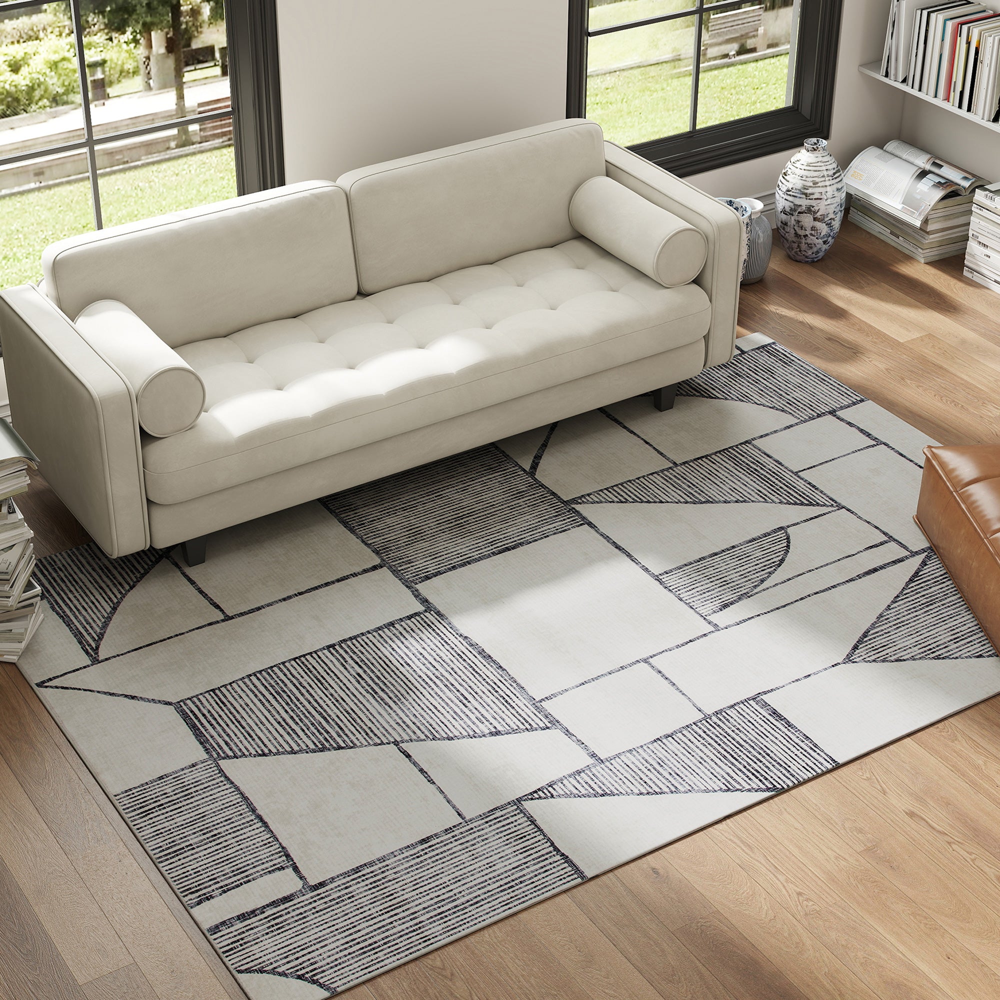 Modern Non-Slip Rug with Geometric Lines, in Multicolored Polyester, 230x160x0.7 cm