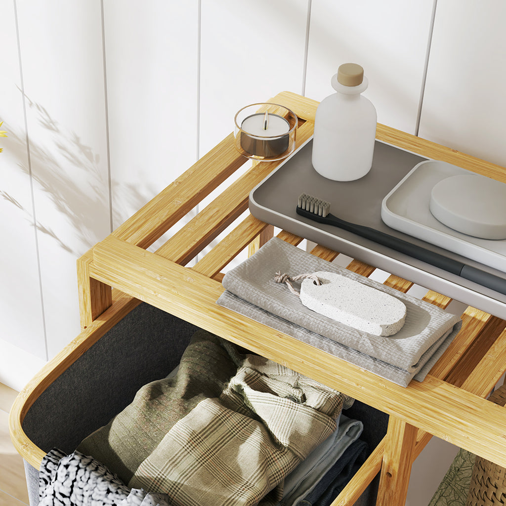 Laundry Basket with Pull-Out Bag and Bamboo Slatted Shelves, 50x32x70 cm, Grey