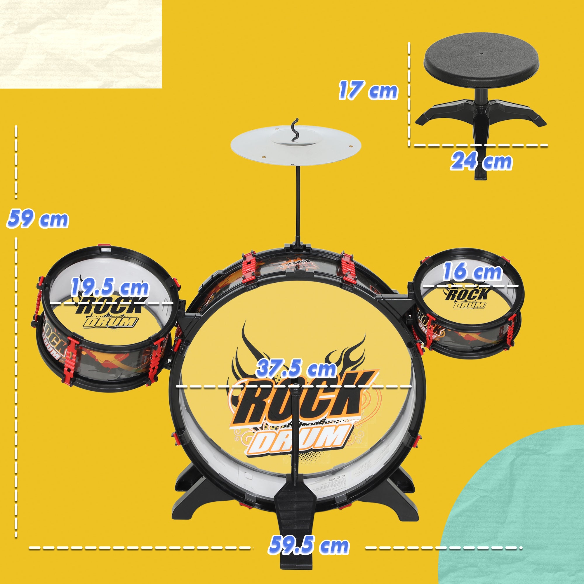 Kids Toy Drum Set with Stool, Musical Toy for Children Ages 3-6, Black