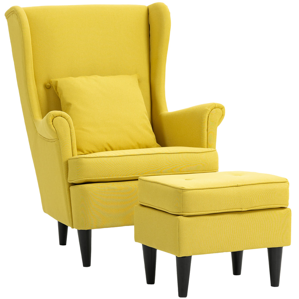 Contemporary Style Armchair with Footstool, in Linen Effect Fabric and Rubber Wood, 75x83x104 cm, Yellow