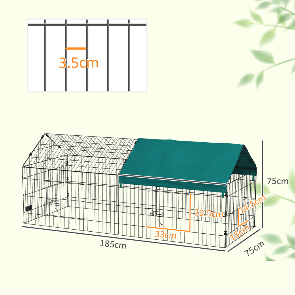PawHut Outdoor and Indoor Rabbit Cage with Roof, 185x75x75 cm, Green