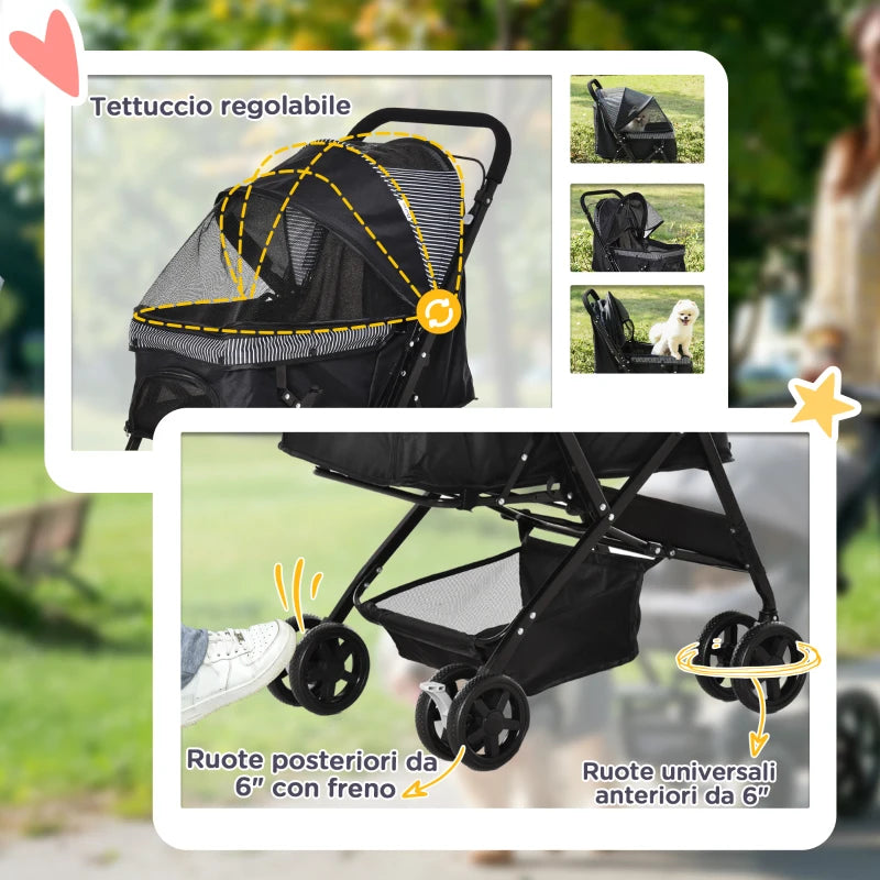 Foldable Dog Stroller with Swivel Handle and Storage Basket, Black - Borge' Group Limited