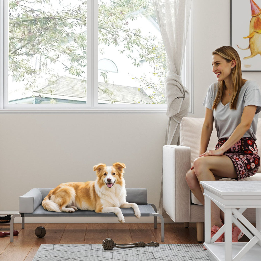 20cm Raised Dog Bed with L-Shaped Cushion, Polyester and Steel, 110x75x30cm, Grey and Silver