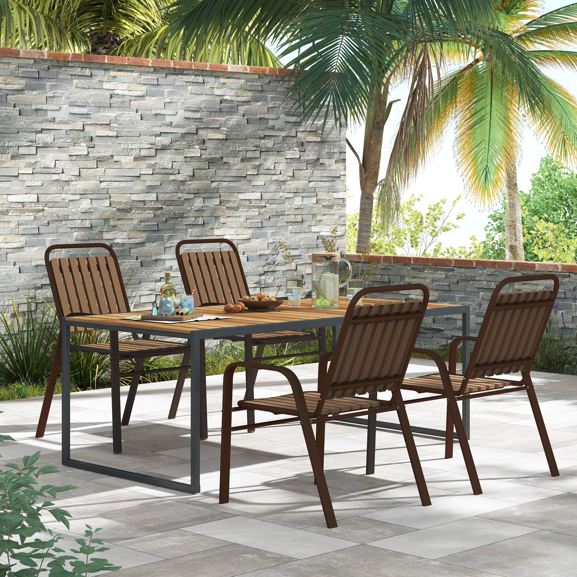 Set of 4 Stackable Outdoor Chairs with High Backrest and Armrests, in Steel and PP, 56x66x91 cm, Dark Brown